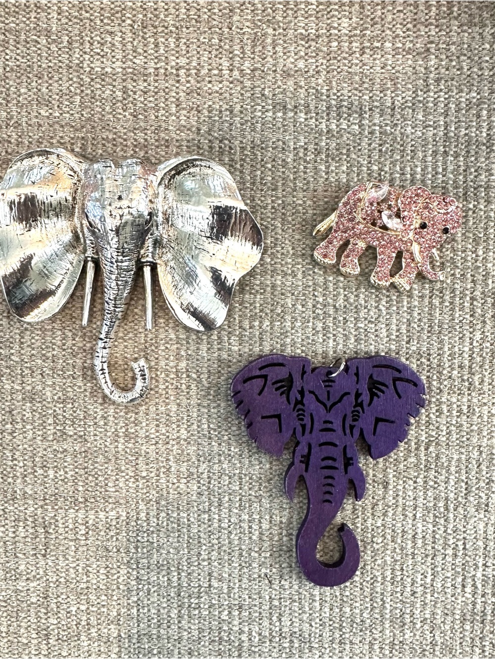 Elephant Trio, 2 Large Prndants & Rose Gold Rhinestone Elephant Brooch